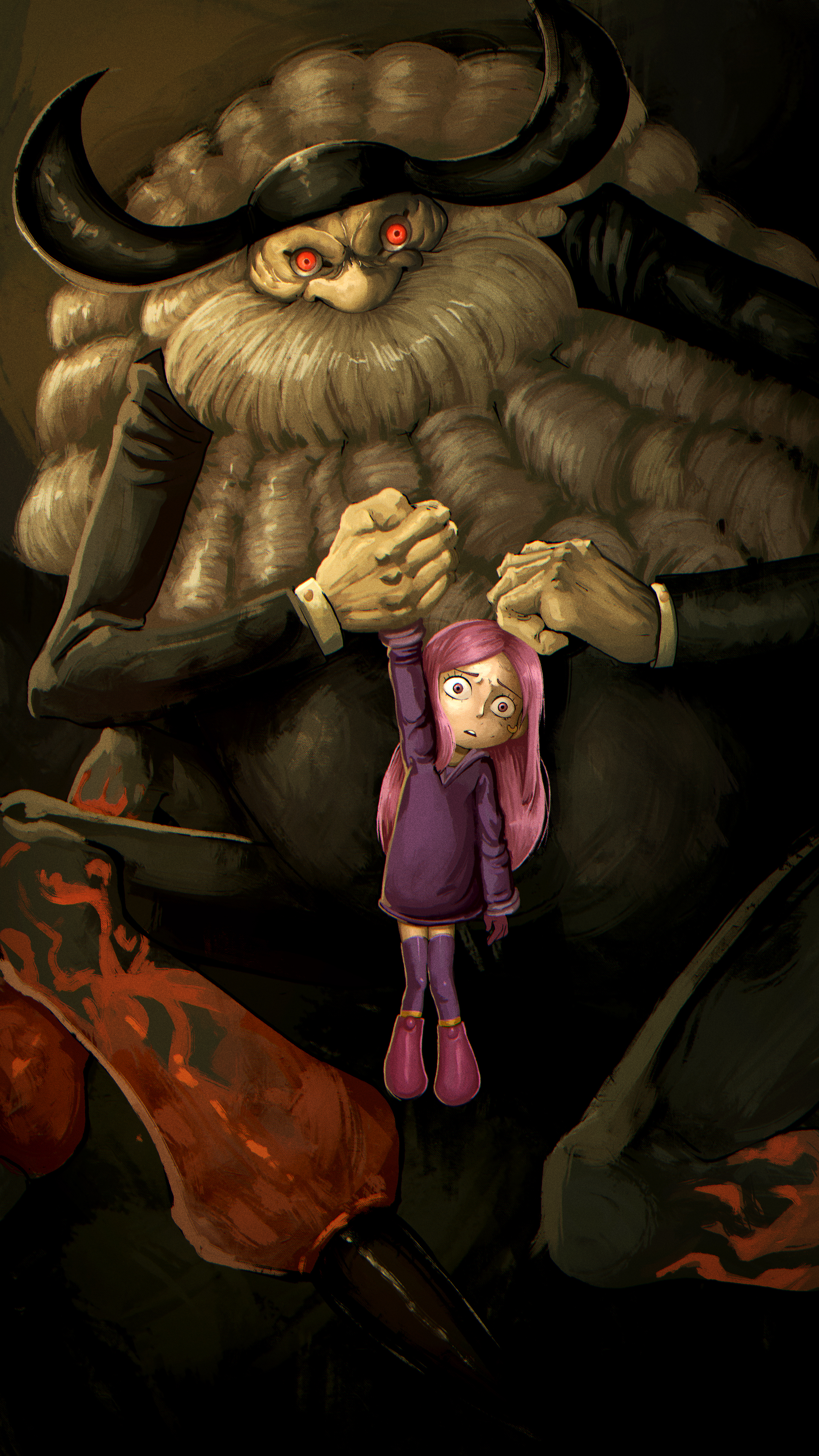 1boy 1girl absurdres alternate_form beard devil_fruit_power dress facial_hair g_reaper grey_hair highres horns jaygarcia_saturn jewelry_bonney pink_hair purple_dress red_eyes spider_boy