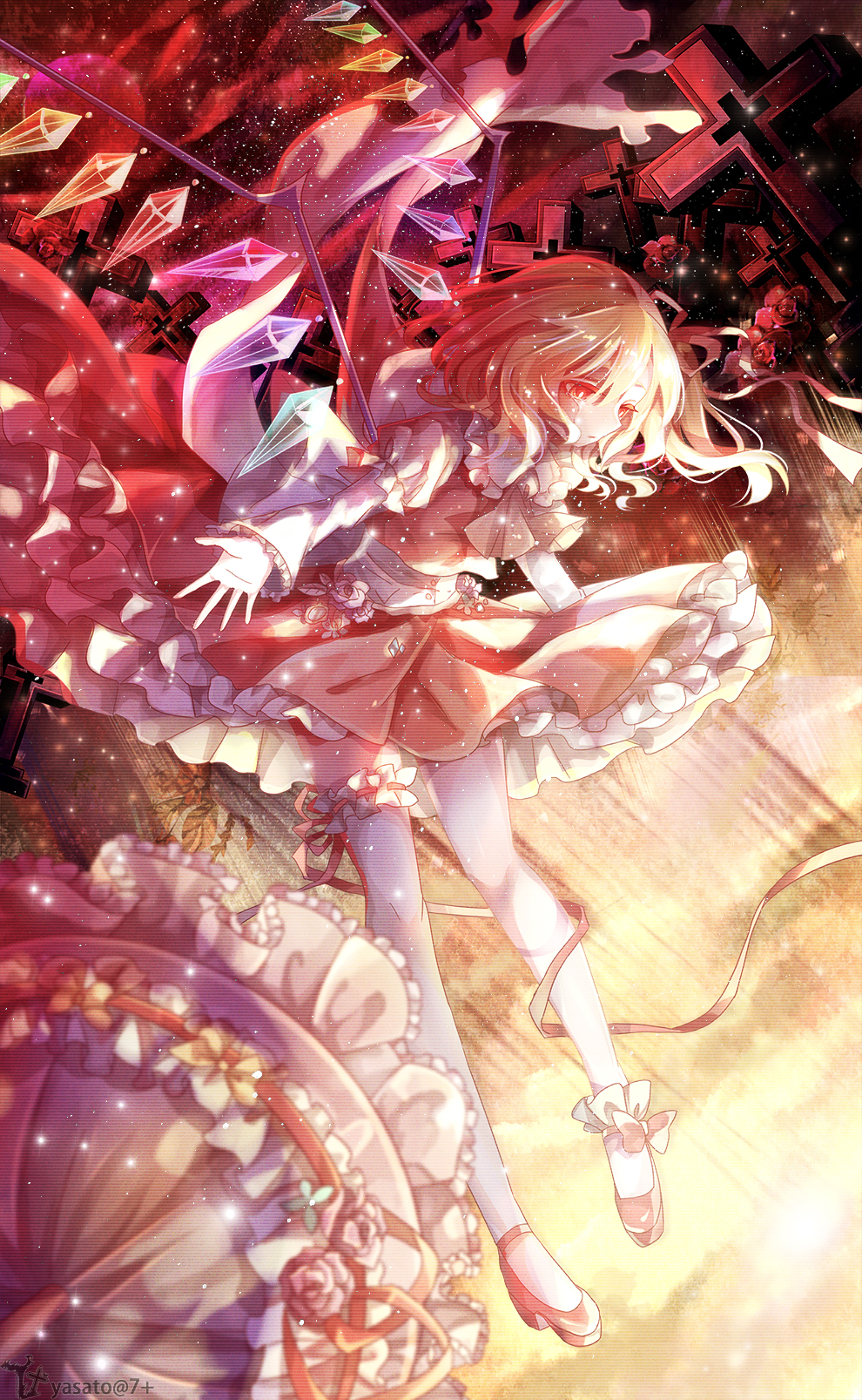 1girl ascot asymmetrical_hair asymmetrical_wings blonde_hair blouse cross female_focus flandre_scarlet frilled_skirt frilled_sleeves frills highres long_sleeves looking_down mary_janes outstretched_arms puffy_long_sleeves puffy_sleeves red_eyes red_shirt red_skirt shirt shoes short_hair side_ponytail skirt sleeveless sleeveless_shirt solo spread_arms tareme tears thighhighs touhou umbrella white_shirt white_thighhighs wings yasato