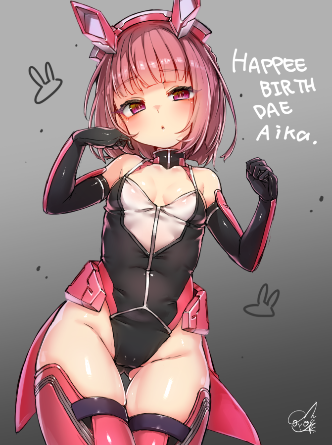 1girl aikawa_aika alice_gear_aegis bare_shoulders black_gloves black_leotard breasts character_name commentary_request covered_navel cowboy_shot doyouwantto elbow_gloves english_text engrish_text gloves gluteal_fold grey_background groin happy_birthday highleg highleg_leotard leotard looking_at_viewer mechanical_ears medium_hair multicolored_leotard parted_lips pink_eyes pink_gloves pink_hair pink_leotard pink_thighhighs ranguage small_breasts solo thighhighs two-tone_gloves white_leotard