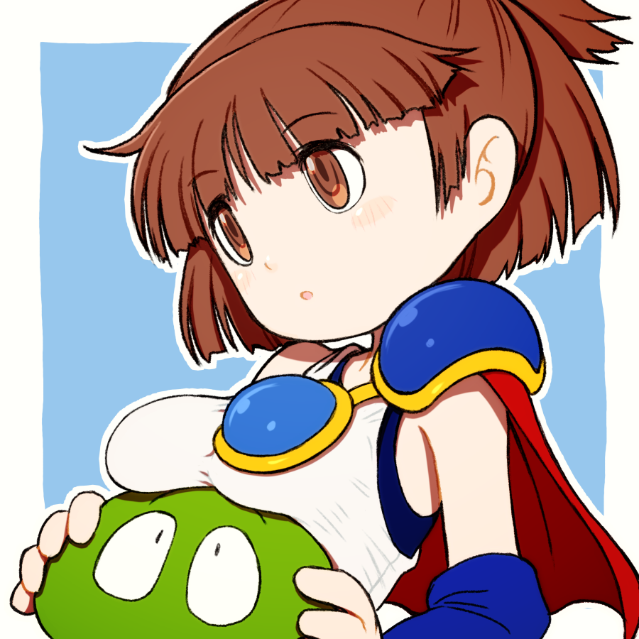 1girl :o arle_nadja armor beeru_(veil8801) blue_armor breast_rest breasts brown_eyes brown_hair cape chest_guard krino_sandra madou_monogatari medium_breasts open_mouth puyopuyo red_cape ringed_eyes single_shoulder_pad valkyrie_no_densetsu