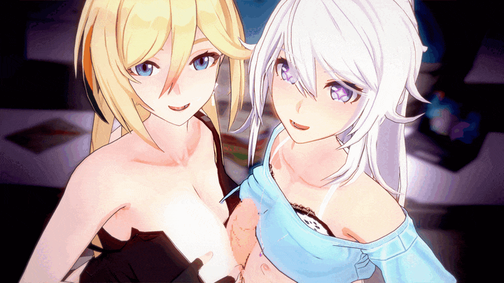 1boy 2girls 3d absurdly_long_hair animated animated_gif bare_shoulders between_breasts black_gloves black_shirt blinking blonde_hair blue_eyes blue_shirt blurry bokeh bra bra_strap breast_press breasts breasts_out breasts_squeezed_together closed_mouth clothes_lift collarbone computer cooperative_paizuri depth_of_field durandal_(dea_anchora)_(honkai_impact) durandal_(honkai_impact) durandal_(pumping_heart)_(honkai_impact) earrings ffm_threesome fingerless_gloves from_above from_side gloves grabbing_own_breast gradient_eyes gradient_hair group_sex hair_between_eyes honkai_(series) honkai_impact_3rd indoors jewelry kiana_kaslana kiana_kaslana_(herrscher_of_finality) laptop large_breasts long_hair looking_at_another looking_at_viewer looking_down multicolored_eyes multicolored_hair multiple_girls off_shoulder official_alternate_costume one_breast_out one_eye_closed open_clothes open_mouth paizuri penis pink_pupils ponytail pov science_fiction shinaosumata shirt shirt_lift short_sleeves sidelocks smile star-shaped_pupils star_(symbol) strapless swept_bangs symbol-shaped_pupils symmetrical_docking teamwork_(sexual) threesome two-tone_hair underwear very_long_hair white_hair wink