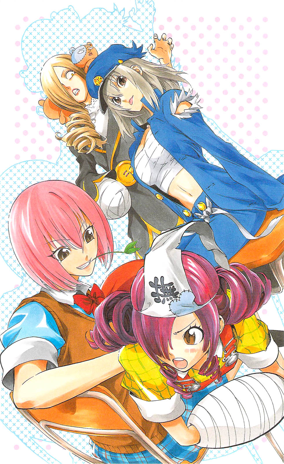 4girls :p adenokouji_nadeshiko binbougami_ga! blonde_hair brown_eyes cast cosplay costume_switch desk dress drill_hair hair_ornament hair_over_one_eye hat highres jacket kumagai long_hair messy_hair miniskirt momiji_(binbougami_ga!) multiple_girls official_art open_mouth pants pink_hair purple_hair red_dress rindou_ranmaru sakura_ichiko sarashi scan school_uniform silver_hair sitting skirt smile sukeno_yoshiaki sweater_vest tongue tongue_out triangular_headpiece twin_drills yellow_eyes