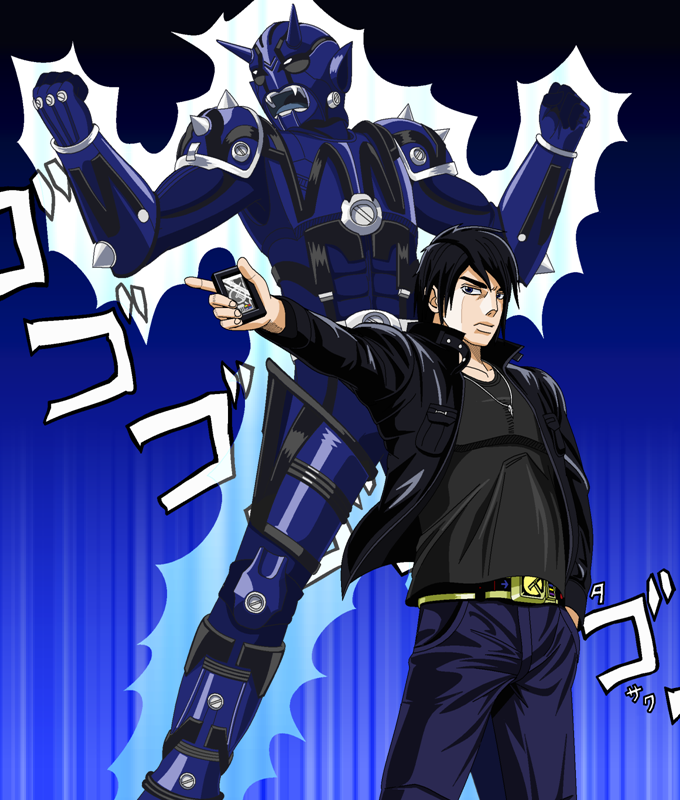 1boy araki_hirohiko_(style) belt black_hair hand_in_pocket jacket jewelry jojo_no_kimyou_na_bouken jojo_pose kamen_rider kamen_rider_den-o_(series) necklace nogami_kotaro ono_daisuke open_mouth parody redol stand_(jojo) style_parody suica teddy_(kamen_rider_den-o) voice_actor_connection