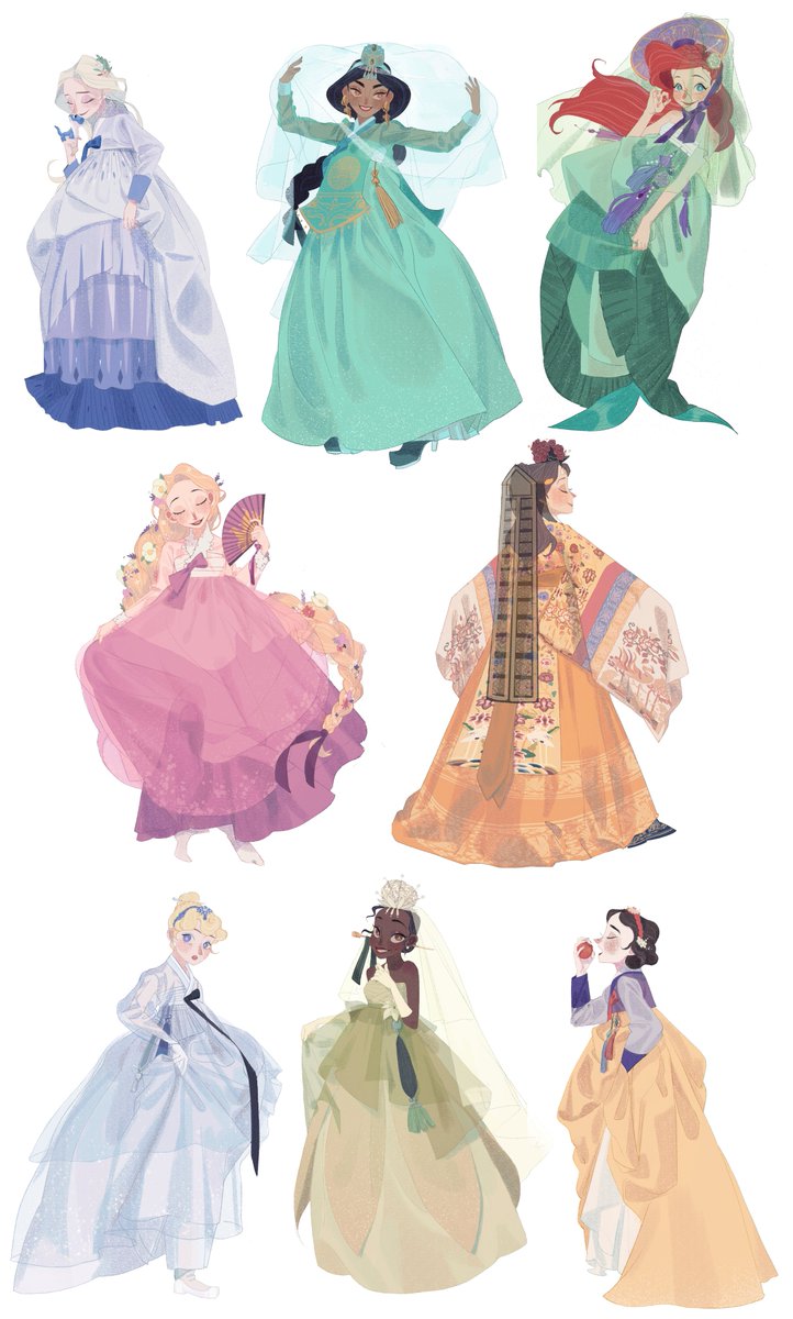 6+girls aladdin_(movie) alternate_costume apple ariel_(disney) beauty_and_the_beast_(disney) belle_(disney) black_hair blonde_hair blue_eyes blue_hanbok braid brown_eyes brown_hair cinderella_(disney_character) cinderella_(disney_movie) closed_eyes closed_mouth dark-skinned_female dark_skin disney disney_princess earrings elsa_(frozen) flower food frozen_(disney) fruit full_body gloves gold_earrings green_hanbok hair_bun hair_flower hair_ornament hairband hanbok hand_fan highres holding holding_fan holding_food holding_fruit jasmine_(disney) jewelry korean_clothes long_hair long_sleeves multiple_girls pale_skin parted_bangs parted_lips pink_hanbok rapunzel_(disney) red_hair red_hairband short_hair single_braid smile snow_white_(disney) snow_white_and_the_seven_dwarfs_(disney) sue_kim swept_bangs tangled the_little_mermaid_(disney) the_princess_and_the_frog tiana_(the_princess_and_the_frog) veil_lift very_long_hair white_gloves white_hair yellow_hanbok