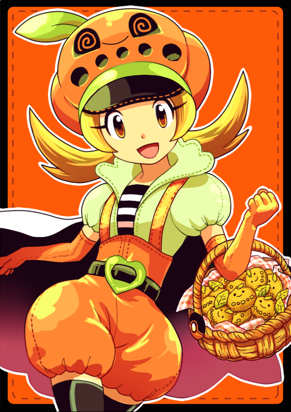 1girl alternate_hair_color basket belt black_belt blonde_hair buckle character_cookie character_hat chikorita elbow_carry eyelashes gen_2_pokemon gloves hat heart heart-shaped_buckle holding holding_basket looking_at_viewer lyra_(pokemon) nintendo open_mouth orange_gloves orange_hat pokemon pokemon_hgss puffy_short_sleeves puffy_shorts puffy_sleeves shinkichi shirt short_sleeves shorts solo striped_clothes striped_shirt