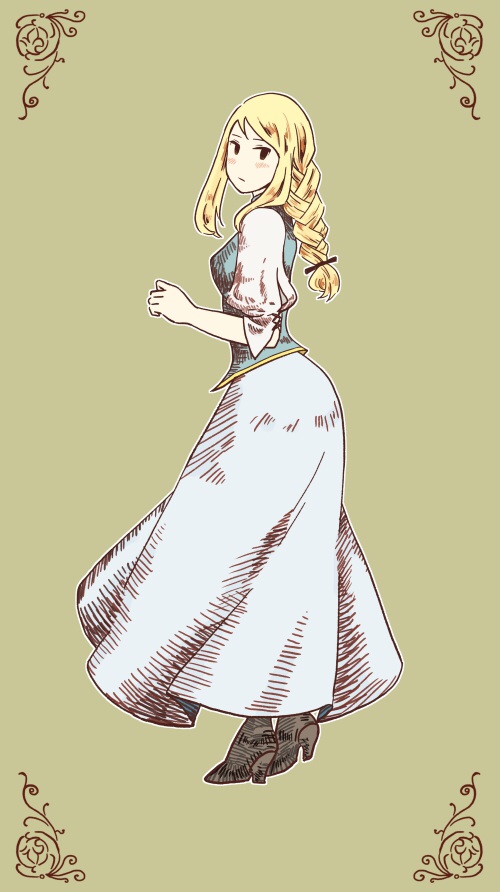 1girl agrias_oaks bad_id bad_pixiv_id black_ribbon blonde_hair blue_skirt braid braided_ponytail brown_shoes dress female_focus final_fantasy final_fantasy_tactics from_side full_body hair_ribbon high_heels kappe long_hair long_skirt looking_to_the_side puffy_short_sleeves puffy_sleeves ribbon shoes short_sleeves simple_background single_braid skirt solo standing vest