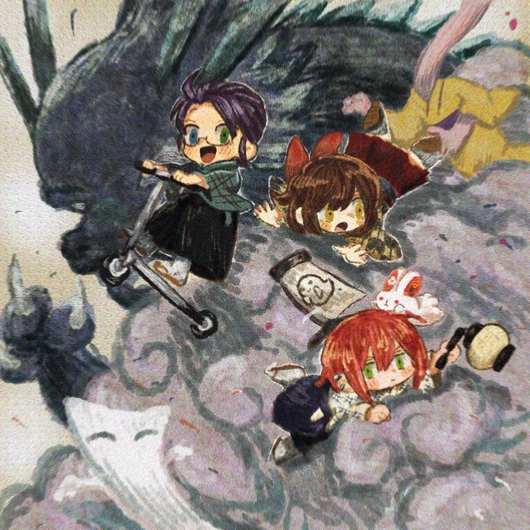 1girl 2boys animal animal_on_head ayazuki_mei black-framed_eyewear black_hakama blue_eyes blue_hakama blue_kimono blush_stickers bow brown_footwear brown_hair character_request checkered_clothes checkered_kimono chibi closed_mouth debris ear_piercing falling full_body glasses green_eyes grey_socks hair_bow hakama hakama_skirt heterochromia holding holding_lantern japanese_clothes kimono lantern long_sleeves looking_at_viewer looking_to_the_side meiji_tokyo_renka monster motor_vehicle multiple_boys on_head open_mouth paper_lantern piercing plaid_clothes plaid_kimono plaid_sleeves purple_hair rabbit rabbit_on_head red_bow red_hair riding_scooter sandals scooter short_hair short_kimono skirt smile smoke socks sugi_haeru tabi traditional_youkai v-shaped_eyebrows white_background white_kimono white_sleeves white_socks wide_sleeves yellow_eyes yellow_kimono yellow_sleeves zouri