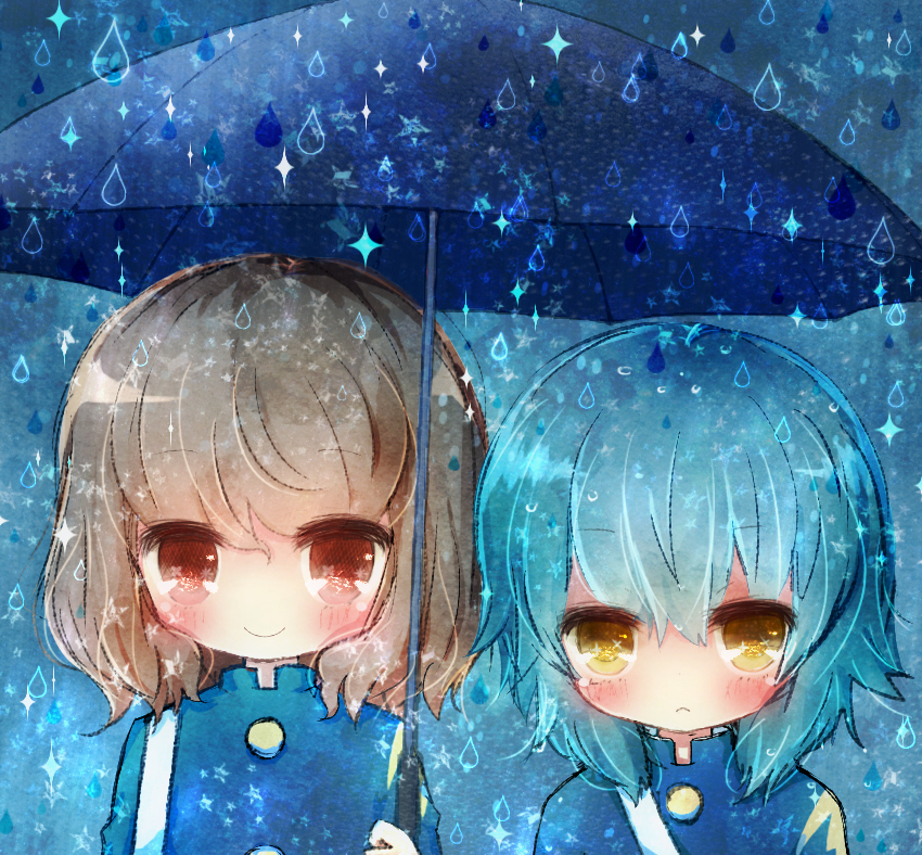 2boys bad_id bad_pixiv_id blue_hair blush brown_hair frown holding holding_umbrella inazuma_eleven inazuma_eleven_(series) inazuma_eleven_go kariya_masaki male_focus multiple_boys rain red_eyes shindou_takuto short_hair smile umbrella upper_body water_drop yellow_eyes yoshida_(nono_ko)