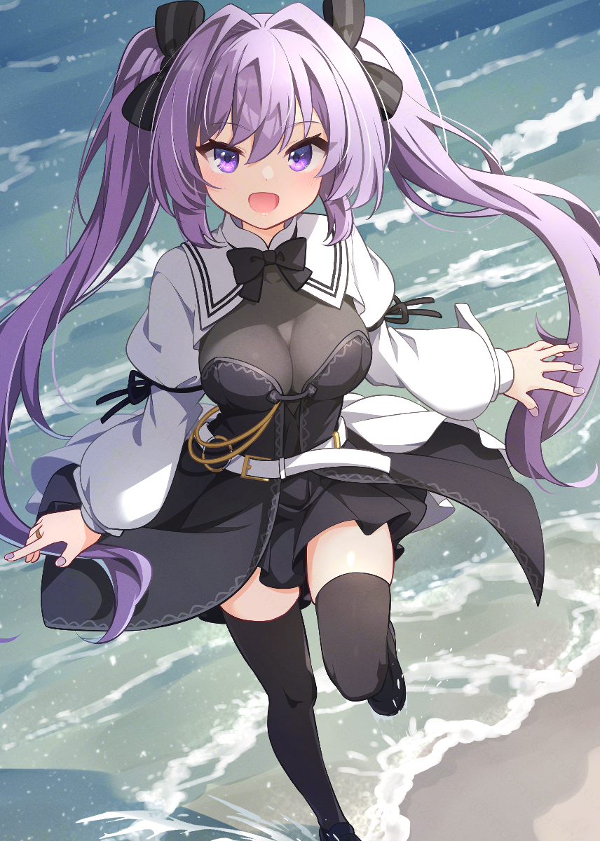 1girl :d arm_at_side assault_lily beach belt belt_buckle black_bow black_bowtie black_dress black_ribbon black_shoes black_thighhighs blush bodystocking bow bowtie breasts buckle cleavage commentary day dress fingernails foot_out_of_frame hair_between_eyes hair_bow hand_up highres jewelry juliet_sleeves layered_dress leg_up loafers long_hair long_sleeves looking_at_viewer medium_breasts morugen nail_polish o-ring o-ring_belt open_mouth outdoors pleated_dress puffy_sleeves purple_eyes purple_hair purple_nails ribbon ring sejima_hiromu shadow shoes shrug_(clothing) sleeve_ribbon smile solo standing standing_on_one_leg strapless strapless_dress striped_bow thighhighs twintails very_long_hair water white_belt zettai_ryouiki