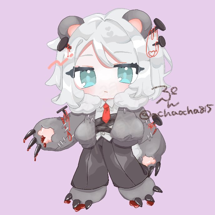 1girl animal_ears bear_ears bear_paws blue_eyes claws closed_mouth collared_shirt e.g.o_(project_moon) faust_(project_moon) full_body hex_nail_(e.g.o) limbus_company looking_at_viewer nail_hair_ornament necktie ochaocha815 paw_shoes paw_sleeves pink_background project_moon red_necktie shirt short_hair sidelocks simple_background solo stitches white_hair white_shirt
