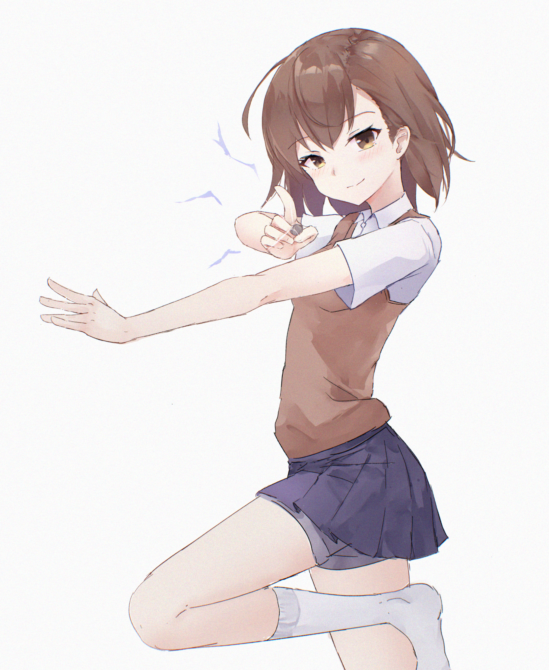 1girl ahoge blue_skirt blush breasts brown_cardigan brown_eyes brown_hair cardigan cardigan_vest coin collared_shirt commentary_request cowboy_shot danraz0r dress_shirt electricity electrokinesis from_side grey_shorts hair_between_eyes highres holding holding_coin kneehighs lightning medium_hair miniskirt misaka_mikoto outstretched_arm pleated_skirt pointing railgun_(misaka_mikoto) school_uniform shirt short_shorts short_sleeves shorts shorts_under_skirt simple_background skirt small_breasts smile socks solo standing standing_on_one_leg toaru_kagaku_no_railgun toaru_majutsu_no_index tokiwadai_school_uniform turning_head white_background white_shirt white_socks