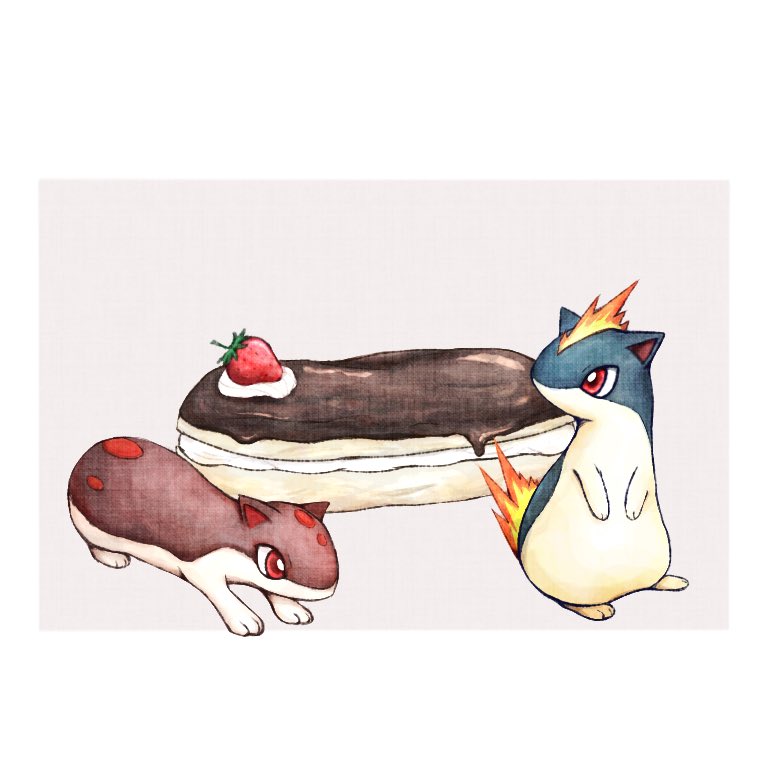 alternate_color animal_focus border bright_pupils chocolate cream dessert fire fireblast food food_focus fruit gen_2_pokemon grey_background nintendo no_humans outside_border pokemon pokemon_(creature) quilava red_eyes shiny_pokemon simple_background standing strawberry white_border white_pupils