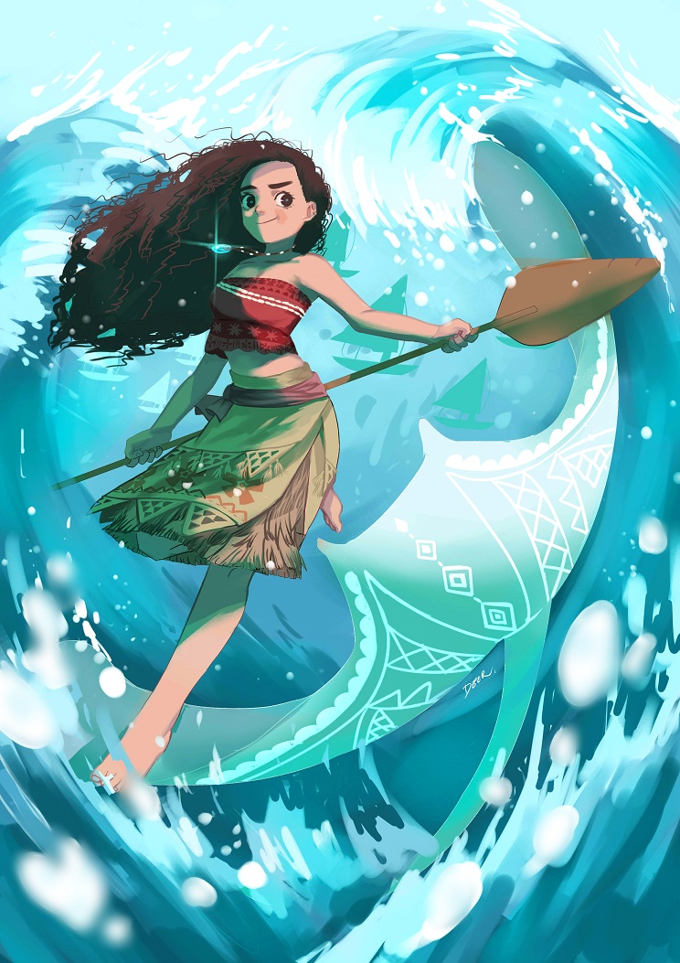 1girl bare_shoulders brown_eyes brown_hair curly_hair dark-skinned_female dark_skin deer_(deer423-81) holding holding_oar jewelry long_hair looking_at_viewer moana_(movie) moana_waialiki necklace oar smile solo strapless tattoo tattoo_sleeve tribal_tattoo water