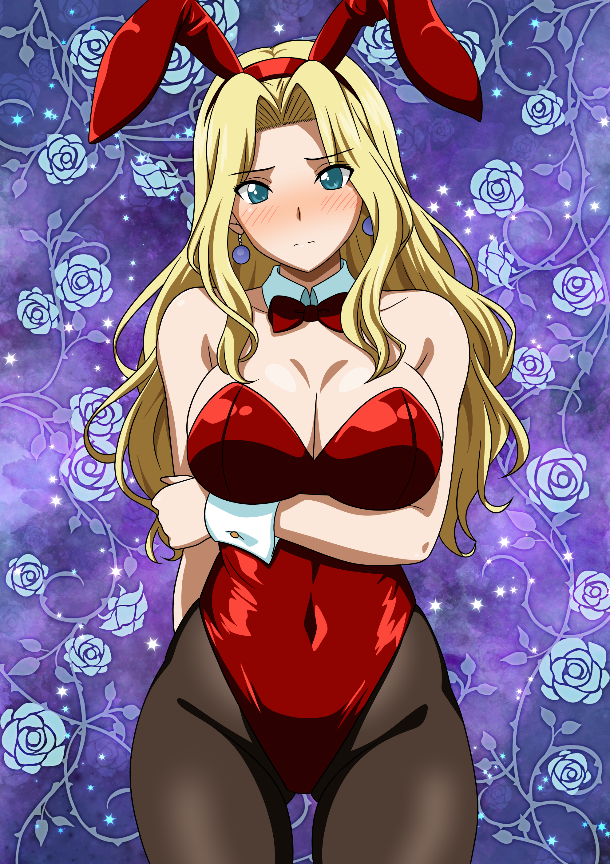 1girl absurdres animal_ear_hairband animal_ears black_pantyhose blonde_hair blue_background blue_eyes bow bowtie breasts celes_chere cleavage covered_navel cowboy_shot detached_collar fake_animal_ears final_fantasy final_fantasy_vi floral_background gluteal_fold hairband highres large_breasts leotard long_hair pantyhose playboy_bunny rabbit_ears red_bow red_bowtie red_leotard rose_background solo strapless strapless_leotard wrist_cuffs yuuyuu_(3jjbn)