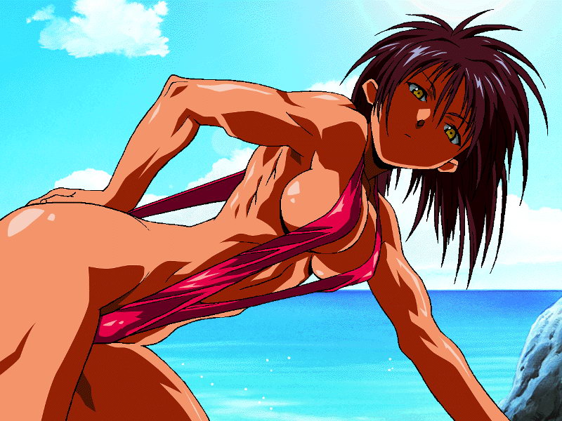 1girl bent_over bikini breasts brown_hair female_focus le_roman_de_la_reine_a_gertruds minois muscular nakazawa_kazuto ocean outdoors short_hair sideboob sky slingshot_swimsuit solo source_request swimsuit tan yellow_eyes