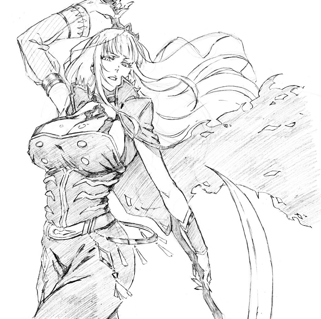 1girl black_cape black_tiara breasts cape cleavage detached_sleeves hair_between_eyes holding holding_scythe hololive hololive_english kubo_tite_(style) large_breasts long_hair looking_at_viewer monochrome mori_calliope mori_calliope_(1st_costume) open_mouth rakusakugk scythe shoulder_spikes simple_background single_detached_sleeve sketch solo spiked_cape spikes tiara veil virtual_youtuber white_background