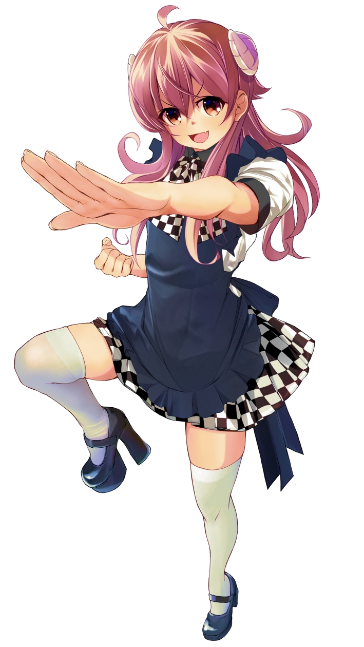 1girl :d ahoge apron black_apron black_shoes brown_eyes brown_hair checkered_clothes checkered_skirt chuutaro_metal clenched_hand commentary cosplay curled_horns demon_girl demon_horns fang foreshortening frilled_apron frills full_body hair_between_eyes haiyore!_nyaruko-san henshin_pose highres horns long_hair looking_at_viewer machikado_mazoku mary_janes nyarlathotep_(nyaruko-san) nyarlathotep_(nyaruko-san)_(cosplay) open_mouth outstretched_arm pleated_skirt shoes short_sleeves simple_background skin_fang skirt smile smug solo standing standing_on_one_leg thighhighs v-shaped_eyebrows white_background white_thighhighs yoshida_yuuko_(machikado_mazoku) zettai_ryouiki