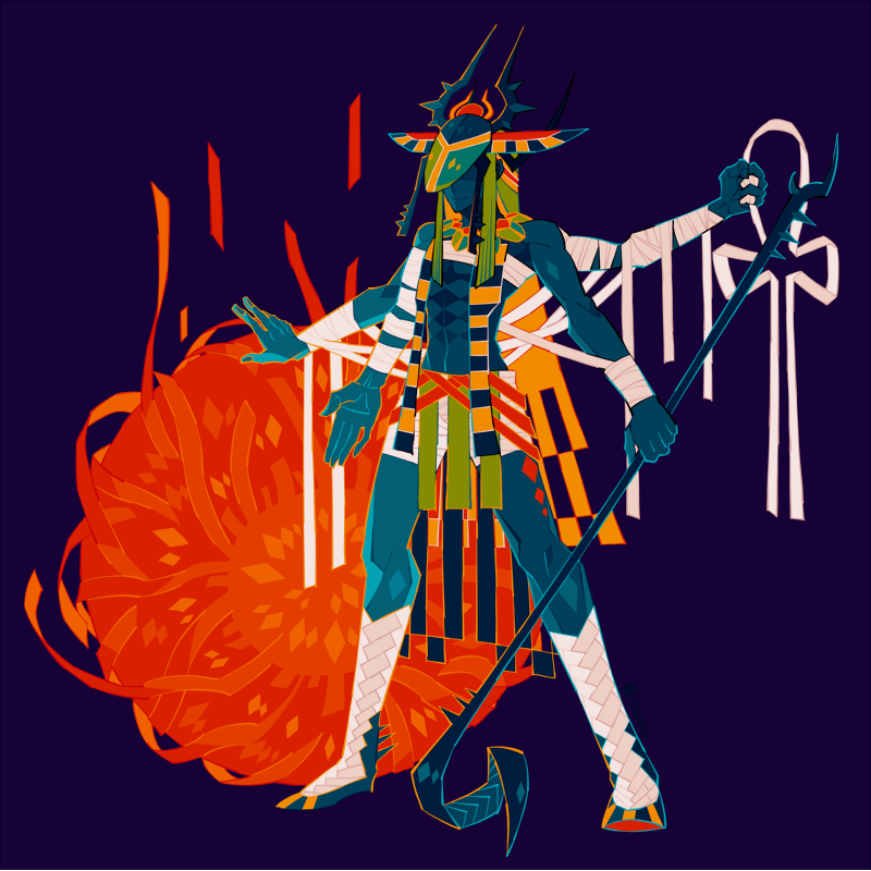 1boy ancient_egyptian_clothes ankh bandaged_arm bandaged_leg bandages blue_background blue_skin colored_skin commentary_request edarow extra_arms full_body holding holding_staff male_focus mask mask_on_head original simple_background solo staff standing