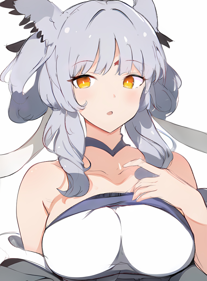 1girl arknights bare_shoulders breasts bright_pupils commentary grey_hair large_breasts light_blush looking_at_viewer medium_hair official_alternate_costume open_mouth orange_eyes ptilopsis_(amongst_the_clouds)_(arknights) ptilopsis_(arknights) raifu_(rf) simple_background sketch solo upper_body white_background white_pupils