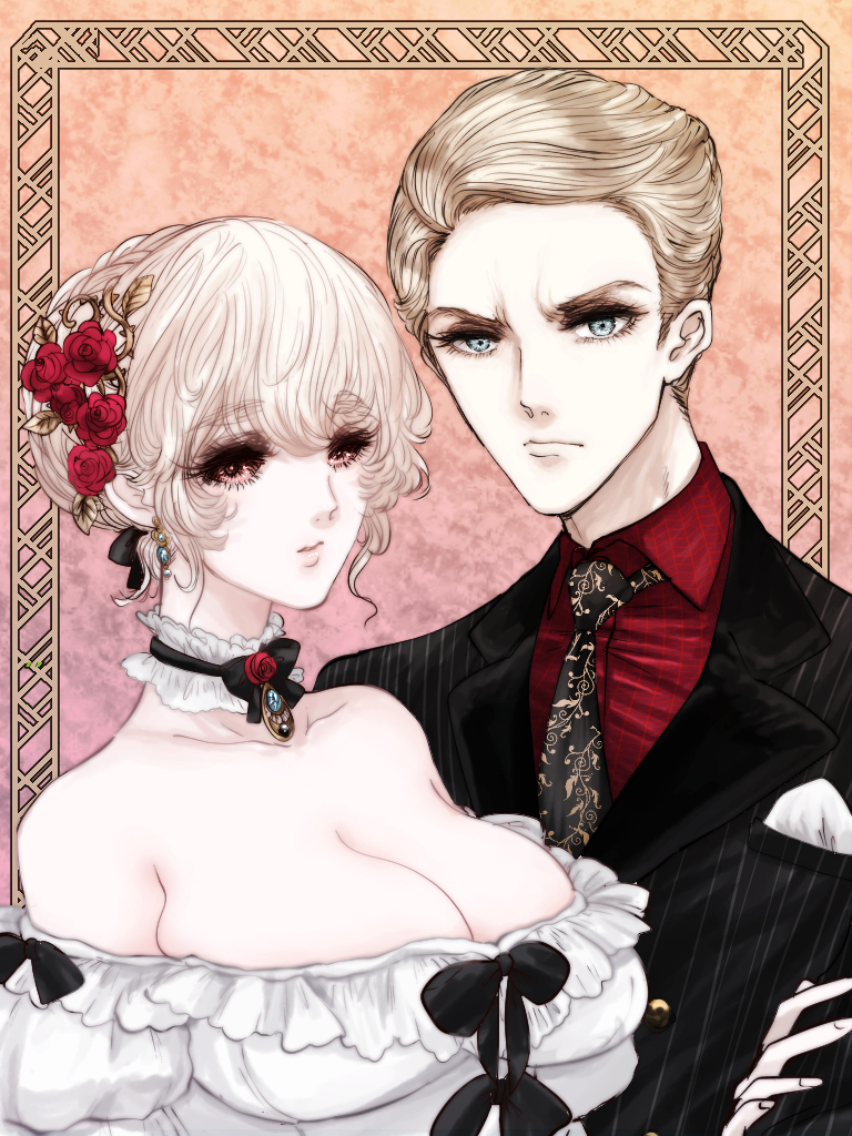 1boy 1girl black_suit blonde_hair blue_eyes breasts cleavage dress formal_clothes genderswap genderswap_(mtf) hetero jojo_no_kimyou_na_bouken kinako_(nurupoga) necktie prosciutto red_eyes risotto_nero suit vento_aureo white_dress white_hair