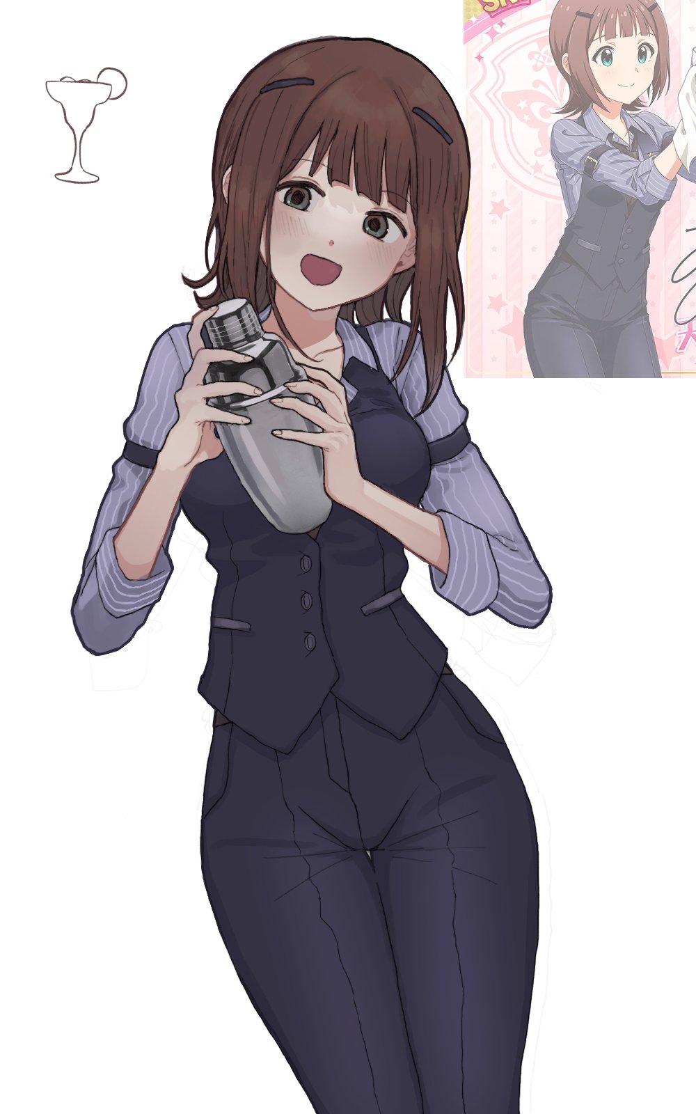 1girl 8_8ghost amami_haruka armband bartender black_pants black_shirt blue_shirt blunt_bangs brown_hair cocktail_shaker concept_shaker_(idolmaster) cowboy_shot denim dress_shirt flipped_hair formal_clothes grey_eyes hair_intakes hair_ornament hairclip highres holding_cocktail_shaker idolmaster idolmaster_(classic) idolmaster_million_live! idolmaster_million_live!_theater_days jeans light_blush long_sleeves medium_hair official_alternate_costume official_art_inset open_mouth pants reference_inset shirt smile solo suit white_background wing_collar