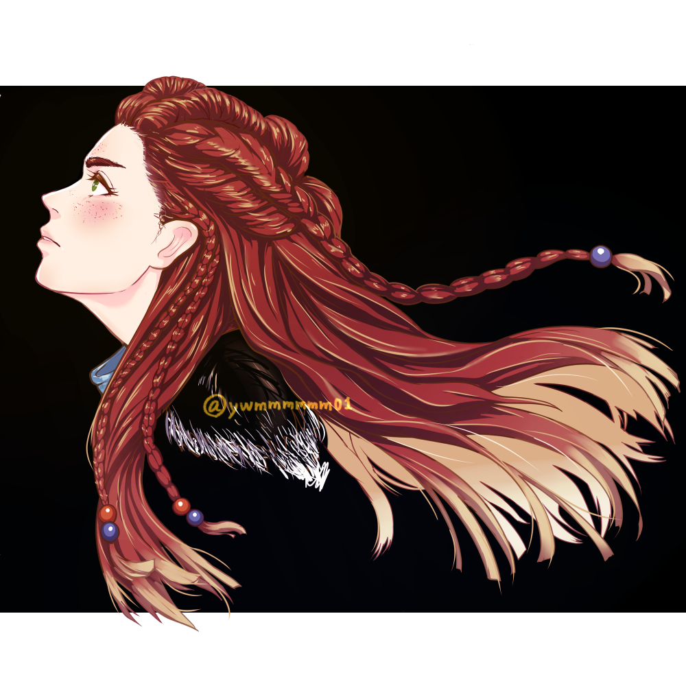 1girl aloy_(horizon) beads braid freckles fur_trim green_eyes hair_beads hair_ornament horizon_(video_game) horizon_zero_dawn long_hair looking_at_viewer orange_hair pocopoco33 solo upper_body