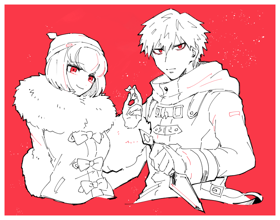1boy 1girl ando_ruruka bon_bon bow candy closed_mouth cropped_torso danganronpa_(series) danganronpa_3_(anime) food fur-trimmed_jacket fur_collar fur_trim holding holding_candy holding_food holding_weapon izayoi_sounosuke jacket kunai looking_at_viewer red_background red_eyes red_theme scarf shimada_(dmisx) short_hair simple_background smile weapon