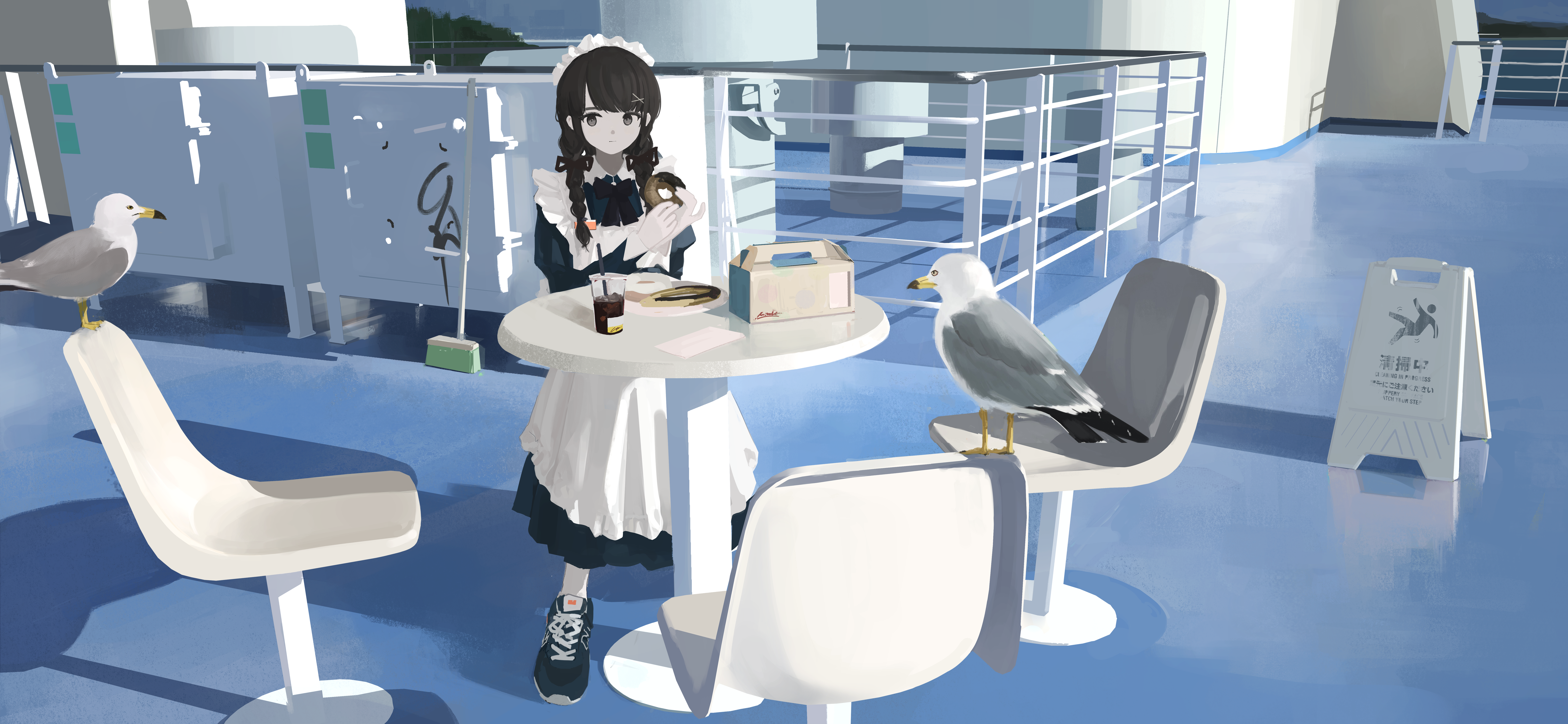1girl absurdres apron bird blue_bow blue_bowtie blue_dress bow bowtie braid broom brown_eyes brown_hair chair closed_mouth commentary cup disposable_cup donut dress drinking_straw english_commentary food full_body hair_ornament highres holding holding_food juliet_sleeves long_hair long_sleeves looking_at_viewer maid maid_headdress original orval puffy_sleeves seagull ship_deck solo standing takeout_container twin_braids white_apron x_hair_ornament
