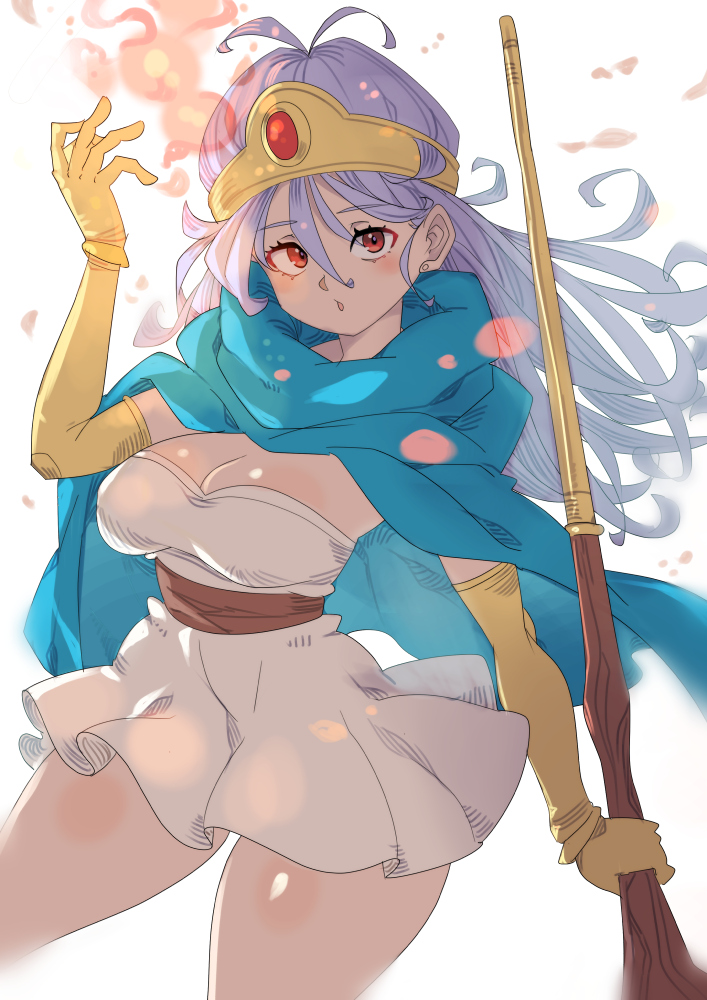 1girl antenna_hair blue_cloak blue_hair blush breasts cleavage cloak cowboy_shot dragon_quest dragon_quest_iii dress elbow_gloves fire gem gloves hair_between_eyes holding holding_staff kuwango long_hair medium_breasts parted_lips red_eyes red_gemstone sage_(dq3) short_dress solo staff strapless strapless_dress tiara white_background white_dress yellow_gloves