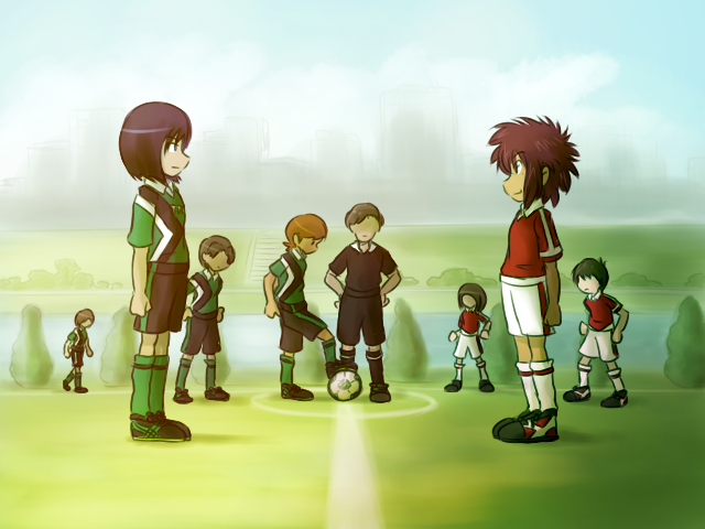 ball digimon digimon_(creature) digimon_adventure_02 ichijouji_ken looking_at_another motomiya_daisuke smile soccer soccer_ball soccer_field soccer_uniform sportswear