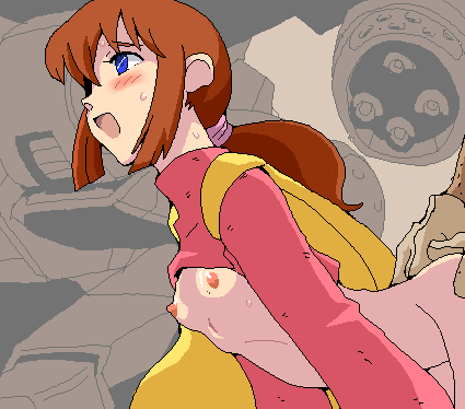 1girl aliasing ass_grab blue_eyes blush bottomless breasts brown_hair cape cl-55 clothes_lift covered_erect_nipples daiku doggystyle gloves hair_tie hetero long_sleeves lowres mecha nipples open_mouth out_of_frame ponytail robot sentou_mecha_xabungle sex sex_from_behind shirt_lift sidelocks small_breasts sweat tagme turtleneck virin_nada