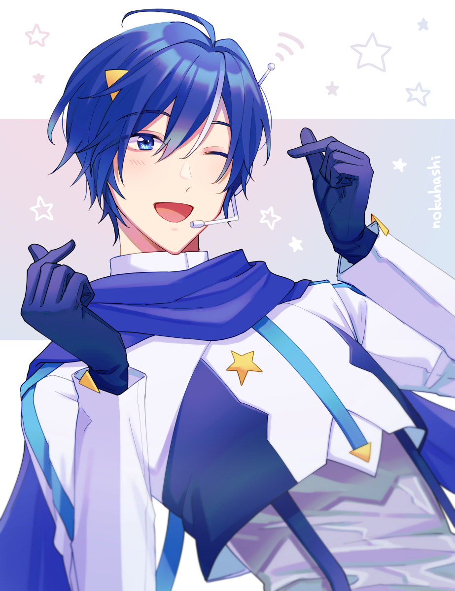 1boy ;d blue_eyes blue_hair finger_heart gloves headgear highres kaito_(vocaloid) long_sleeves magical_mirai_(vocaloid) magical_mirai_kaito magical_mirai_kaito_(2022) male_focus nokuhashi one_eye_closed open_mouth scarf smile solo vocaloid