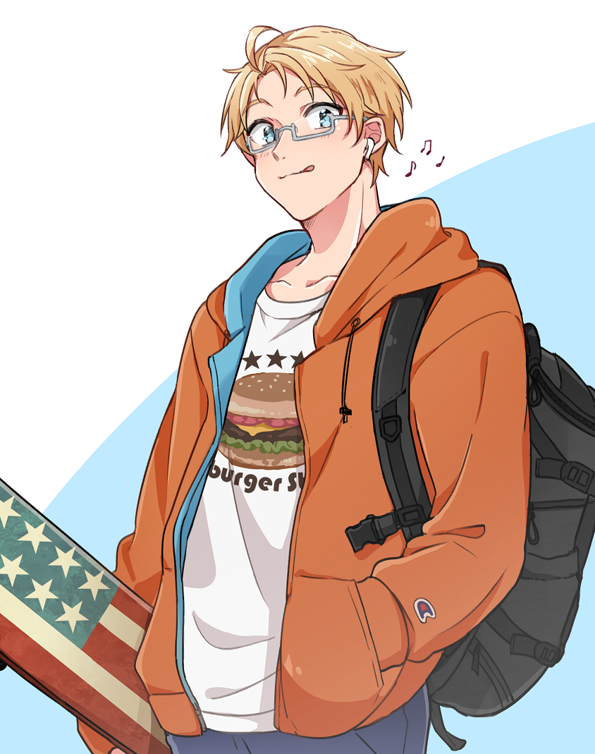 1boy america_(hetalia) american_flag american_flag_print axis_powers_hetalia backpack bag blue_background blue_eyes blue_hoodie blush closed_mouth clothes_writing collarbone commentary_request earphones flag_print food_print glasses grey-framed_eyewear hand_in_pocket holding holding_skateboard hood hoodie long_sleeves looking_at_viewer male_focus musical_note nbsr open_clothes open_hoodie orange_hoodie puffy_long_sleeves puffy_sleeves semi-rimless_eyewear shirt skateboard smile solo star_(symbol) star_print t-shirt tongue tongue_out two-sided_hoodie two-tone_background white_background white_shirt
