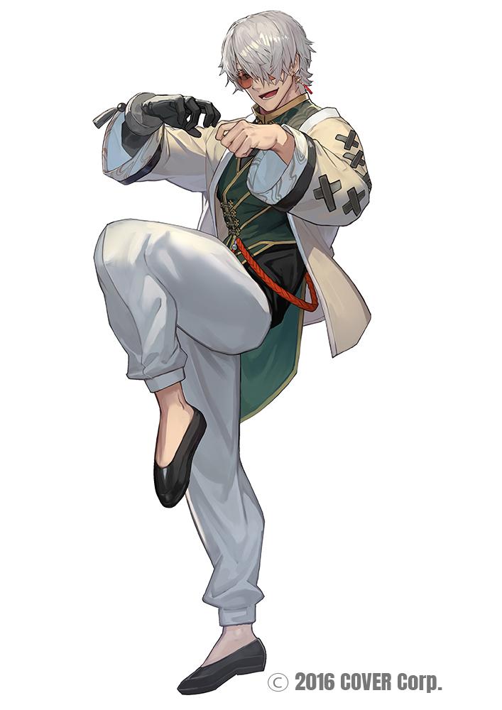 1boy :d alternate_costume arurandeisu arurandeisu_(3rd_costume) black_gloves black_shoes changpao chinese_clothes copyright_notice cross-laced_clothes cross-laced_sleeves cuffs earrings fighting_stance flats full_body glasses gloves green_eyes green_shirt grey_hair grey_pants hair_over_one_eye hands_up holostars jacket jewelry knee_up lack looking_at_viewer male_focus martial_arts official_art one_eye_covered open_clothes open_jacket open_mouth orange-tinted_eyewear pants patterned_clothing print_shirt rope_belt shackles shirt shoes short_hair simple_background single_earring single_glove sleeve_cuffs smile solo standing standing_on_one_leg sunglasses tassel tassel_earrings tinted_eyewear virtual_youtuber white_background white_jacket