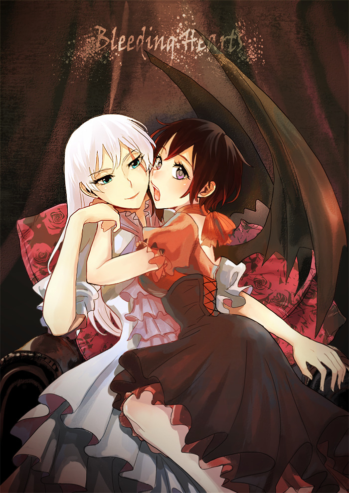 2girls demon_wings dress english_text frilled_dress frills green_eyes hand_on_another&#039;s_shoulder kuma_(bloodycolor) long_hair multiple_girls open_mouth purple_eyes red_scarf ruby_rose rwby scar scar_on_face scarf short_hair sitting sitting_on_person weiss_schnee white_dress wings yuri