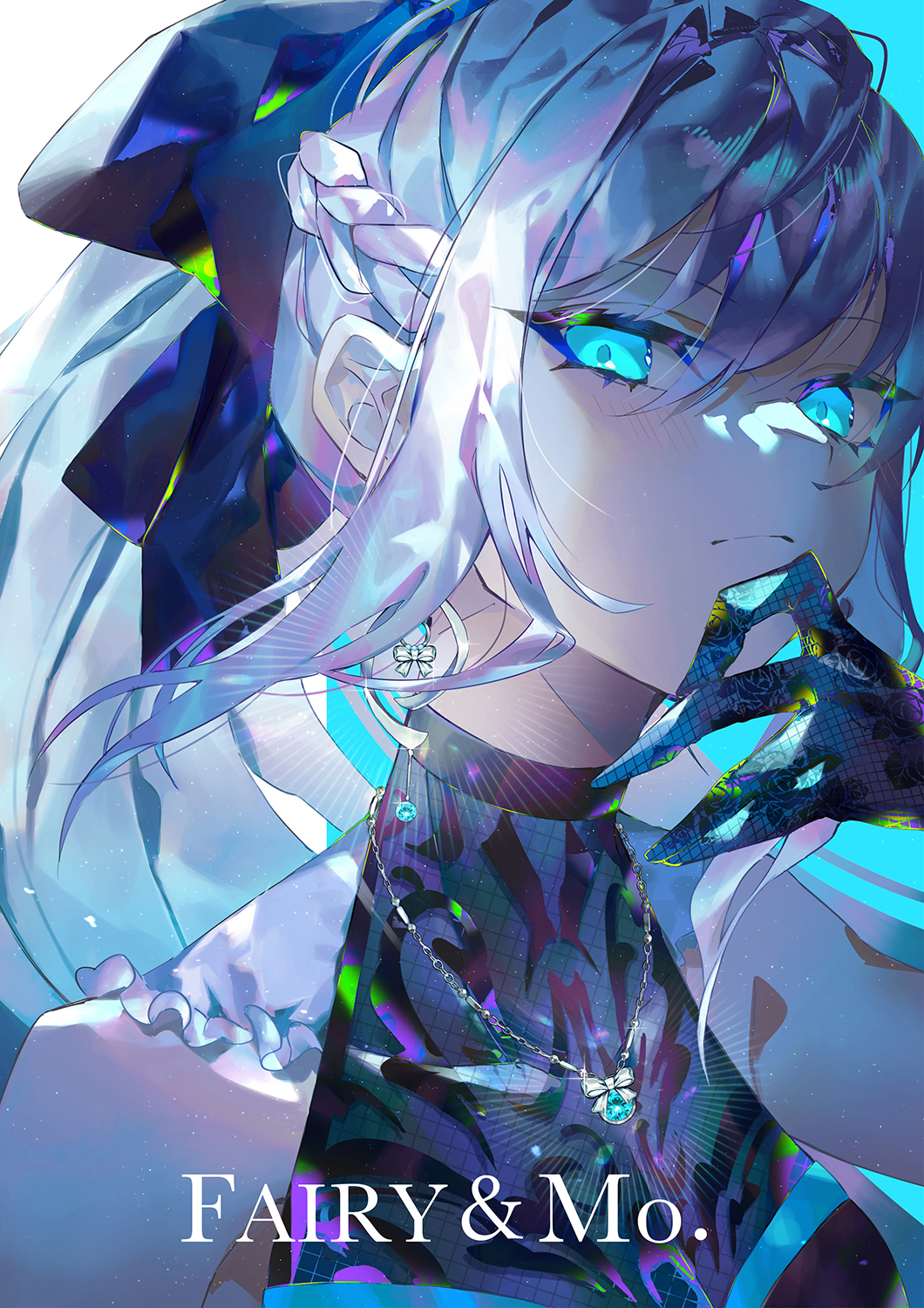 1girl ad adapted_costume alternate_costume april_fools black_bow black_gloves blue_eyes bow braid closed_mouth earrings emoillu expressionless fate/grand_order fate_(series) fishnet_gloves fishnets floral_print gloves glowing glowing_earrings glowing_jewelry grey_hair hair_between_eyes hair_bow half_up_braid hand_on_own_chin highres jewelry light_blush looking_at_viewer morgan_le_fay_(fate) necklace ponytail print_gloves sidelocks sideways_glance simple_background sleeveless solo upper_body white_background