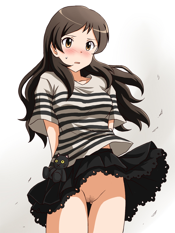 1girl arms_behind_back black_skirt blush bow brown_eyes brown_hair cleft_of_venus clothes_lift commentary_request commission crotch_seam female_pubic_hair frown gluteal_fold grey_shirt idolmaster idolmaster_million_live! kitazawa_shiho lace lace-trimmed_skirt lace_trim lielos long_hair long_sleeves looking_at_viewer miniskirt no_panties open_mouth partial_commentary petticoat pixiv_commission pleated_skirt pubic_hair pussy shirt short_sleeves skirt skirt_lift solo standing striped_clothes striped_shirt stuffed_animal stuffed_cat stuffed_toy sweatdrop t-shirt thigh_gap wind wind_lift