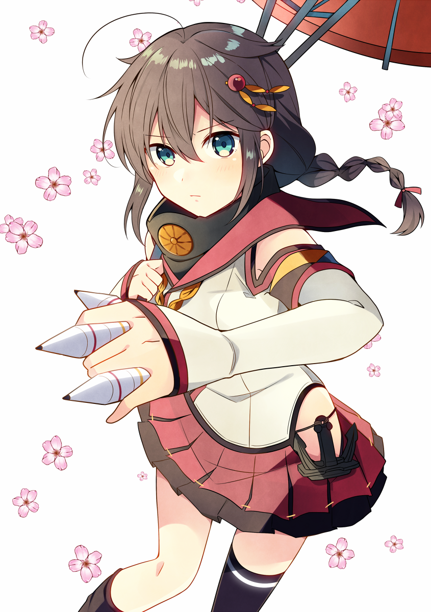 1girl ahoge anchor bare_hips between_fingers blouse blue_eyes braid braided_ponytail brown_hair cherry_blossoms commentary_request cosplay detached_sleeves female_focus gorget hair_between_eyes hair_flaps hair_ornament highres hip_vent holding holding_umbrella kantai_collection looking_at_viewer oil-paper_umbrella red_skirt red_umbrella shigure_(kancolle) shirt sidelocks simple_background single_braid single_thighhigh skirt solo thighhighs umbrella white_shirt yamato_(kancolle) yamato_(kancolle)_(cosplay) yukichi_(eikichi)