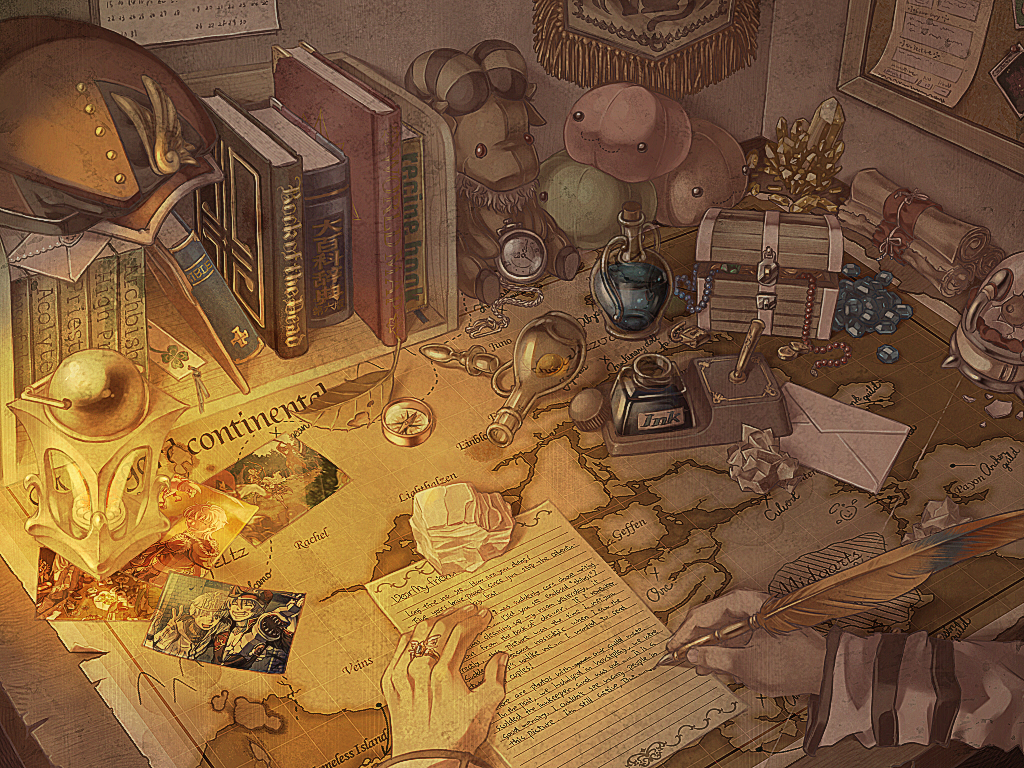 1boy :3 arch_bishop_(ragnarok_online) bapho_jr bible_(object) bulletin_board commentary_request compass crumpled_paper crystal demon desk desk_lamp drops_(ragnarok_online) emperium english_text envelope flask gem goat hat inkwell jewelry lamp leaf letter lock long_sleeves male_focus map necklace padlock peaked_cap photo_(object) pocket_watch poporing poring potion quill ragnarok_online red_hat scroll solo susukinohukurou treasure_chest unworn_headwear watch writing