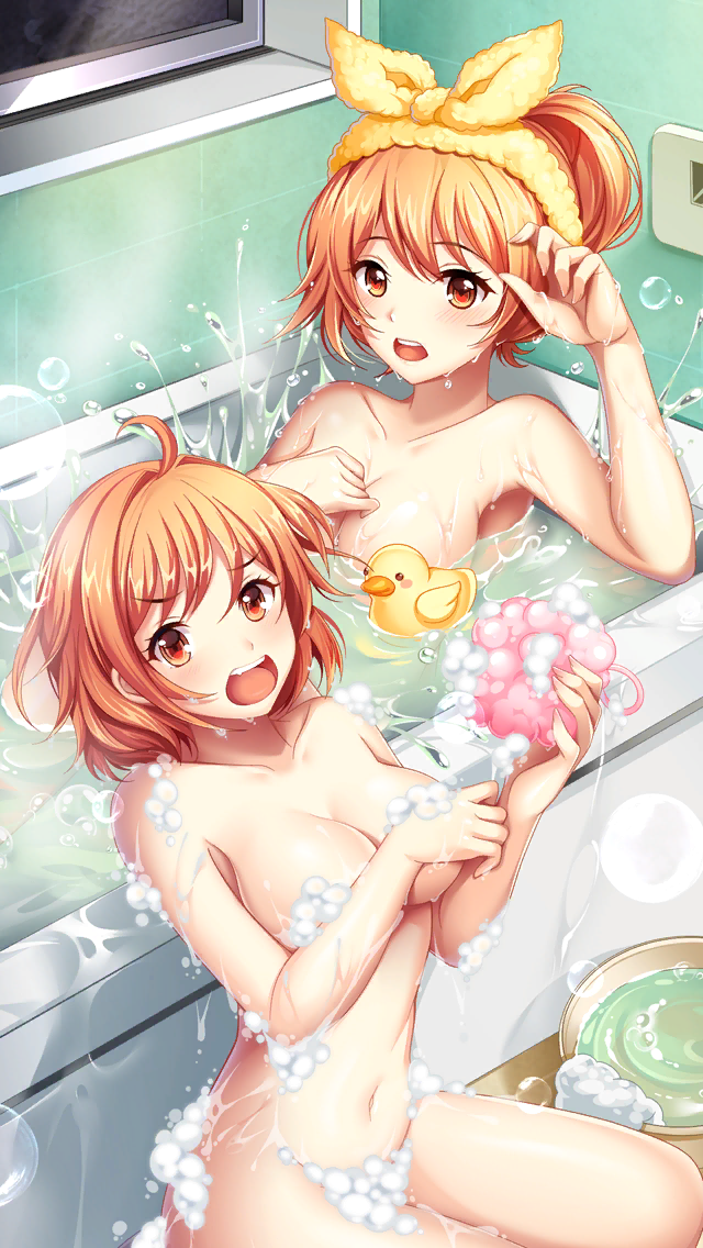 2girls :d ahoge bath_toy bathing bathroom bathtub breasts brown_eyes brown_hair bubble character_request collarbone completely_nude convenient_censoring covering_breasts covering_privates doukyuusei_(series) doukyuusei_another_world game_cg hair_between_eyes holding indoors large_breasts loofah looking_at_viewer medium_hair multiple_girls navel nude official_art open_mouth rubber_duck sendou_airi siblings sisters smile soap_bubbles soap_censor towel towel_on_head