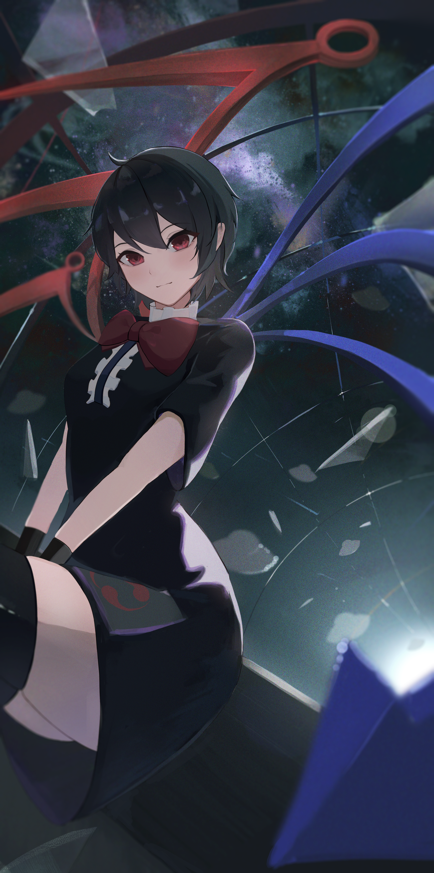 1girl absurdres asymmetrical_wings between_legs black_dress black_hair black_thighhighs blue_wings blush bow bowtie center_frills closed_mouth commentary dress feet_out_of_frame frills hand_between_legs highres houjuu_nue looking_at_viewer palulap red_bow red_bowtie red_eyes red_wings shards short_hair short_sleeves sitting solo space thighhighs touhou wings wristband zettai_ryouiki
