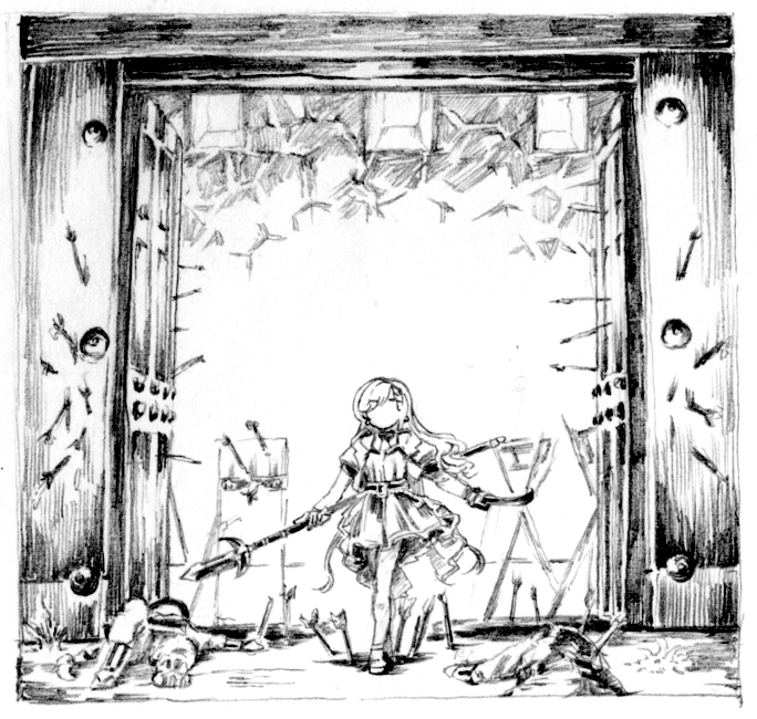 1girl 2boys architecture armor arrow_(projectile) asymmetrical_dual_wielding corpse crossed_legs dress dual_wielding east_asian_architecture faceless faceless_female facing_viewer gate graphite_(medium) greyscale hisakawa_hayate holding holding_polearm holding_sword holding_weapon idolmaster idolmaster_cinderella_girls idolmaster_cinderella_girls_starlight_stage japanese_clothes juumonji_yari katana knee_up long_hair monochrome multiple_boys open_gate outdoors parody_request polearm short_dress soldier spear standing swept_bangs sword traditional_media tv_nattou watson_cross weapon wide_shot yari