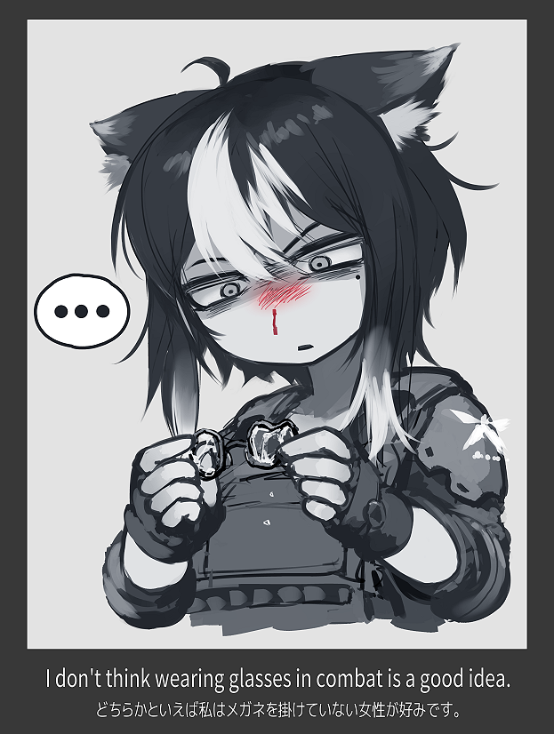 ... 1girl ahoge animal_ear_fluff animal_ears bilingual_text blood broken bulletproof_vest english_text fingerless_gloves gloves hetza_(hellshock) holding holding_removed_eyewear jacket long_hair mixed-language_text mole mole_under_eye nosebleed original parted_lips partially_colored solo unworn_eyewear upper_body