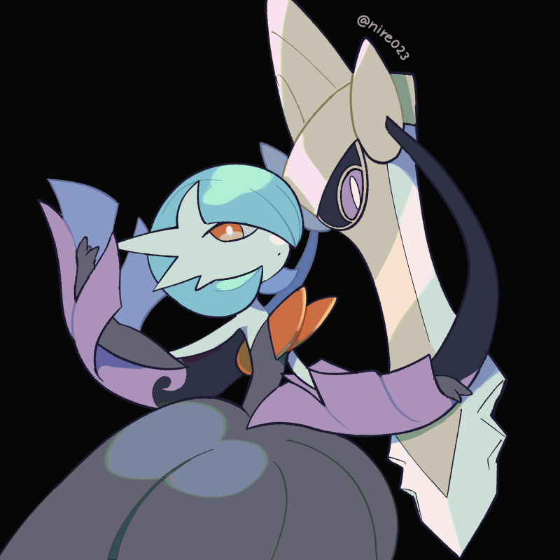 aegislash alternate_color artist_name black_background black_dress black_gloves blue_hair bob_cut colored_skin dress elbow_gloves gardevoir gen_3_pokemon gen_6_pokemon gloves mega_gardevoir mega_pokemon ni_re nintendo one-eyed orange_eyes pokemon pokemon_(creature) purple_eyes shiny_pokemon simple_background strapless strapless_dress sword weapon white_skin