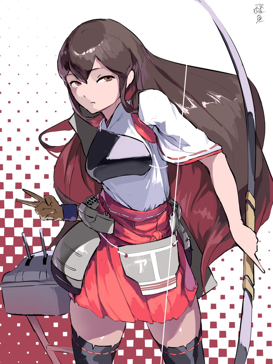 1girl akagi_(kancolle) akagi_kai_ni_(kancolle) black_hair black_thighhighs brown_eyes brown_gloves cowboy_shot gloves hakama hakama_skirt highres japanese_clothes kantai_collection kosode long_hair muneate one-hour_drawing_challenge partially_fingerless_gloves partly_fingerless_gloves red_hakama red_skirt sannsogyoraikai single_glove skirt solo standing thighhighs yugake yumi_(bow)