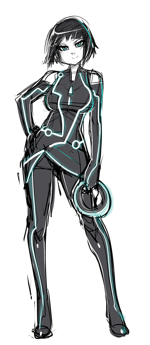 1girl bare_shoulders black_hair blue_eyes bob_cut bodysuit breasts chakram contrapposto disc_(tron) elbow_gloves female_focus gloves hand_on_own_hip highres maniacpaint neon_trim quorra short_hair smile solo standing tron tron:_legacy weapon
