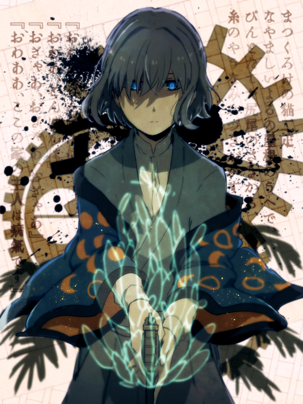 1boy amamizu_(shigure-doki) blue_eyes bungou_to_alchemist bungou_to_arukemisuto crescent full_moon gun hagiwara_sakutarou_(bungou_to_alchemist) hanten_(clothes) holding long_hair long_sleeves looking_at_viewer male_focus moon off_shoulder shirt solo weapon