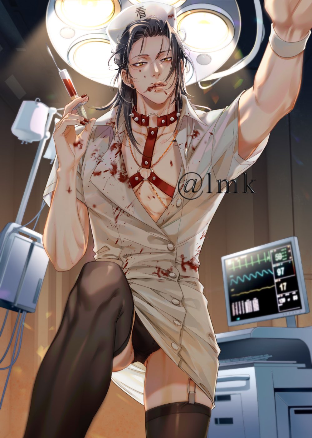 1boy black_hair black_male_underwear black_thighhighs blood blood_on_clothes blood_on_face chest_harness earrings getou_suguru half_updo harness hat highres holding holding_needle jewelry jujutsu_kaisen lijiajane long_hair looking_at_viewer male_focus male_underwear monitor nail_polish needle nurse nurse_cap overhead_lights pectoral_cleavage pectorals thighhighs underwear yellow_eyes