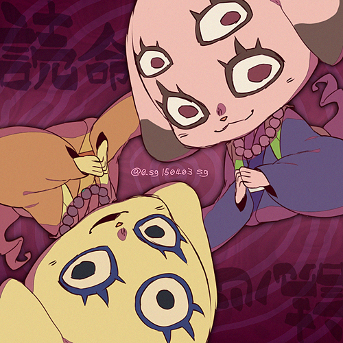10s artist_name dated extra_eyes gradient_background japanese_clothes lowres no_humans rotational_symmetry satori-chan sg_(suuchan) third_eye traditional_youkai twitter_username yotsume youkai_watch
