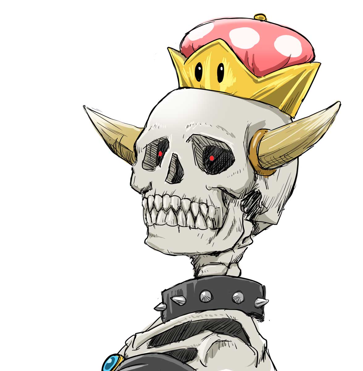 1girl black_dress borrowed_design bowsette brooch chamaji collar commentary_request dress dry_bowser glowing glowing_eyes highres horns jewelry looking_at_viewer mario_(series) new_super_mario_bros._u_deluxe nintendo portrait sharp_teeth simple_background skeleton skull spiked_collar spikes super_crown teeth white_background